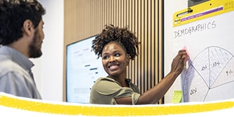 Two work colleagues using Post-it® Meeting Chart during their discussion

