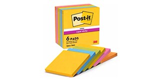 A pack of Post-it® Super Sticky Notes in various colours, featuring six pads
