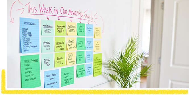 Family schedule organised with colourful Post-it® Notes on a wall
