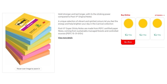 Image of Post-it® Notes product detail page with example of where to find retailers with the product in stock
