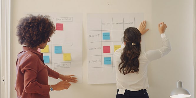 Two women planning tasks on a wall using Post-it® Notes and Post-it® Meeting Chart
