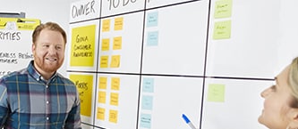 Work colleagues analysing a to-do list created on the Post-it® Easy Erase Whiteboard Surface with Post-it® Notes
