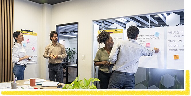 A group of work colleagues collaborating with Post-it® Notes and Post-it® Meeting Chart 